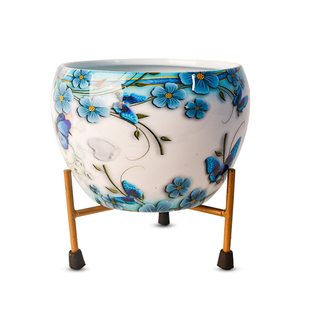 Indoor Metal decor Vase/Planter- White & Blue Set of 2