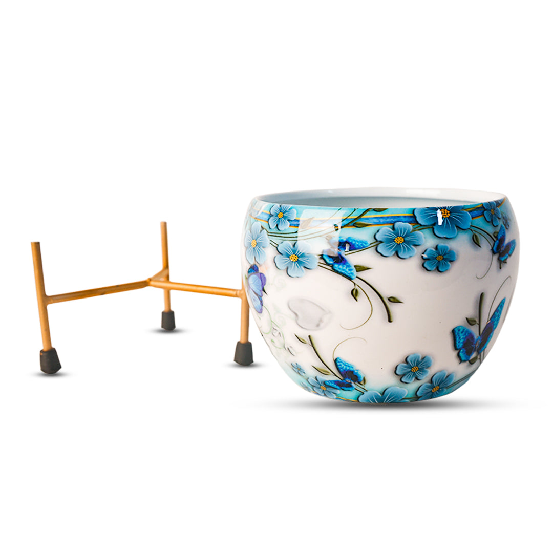 Indoor Metal decor Vase/Planter- White & Blue Set of 2