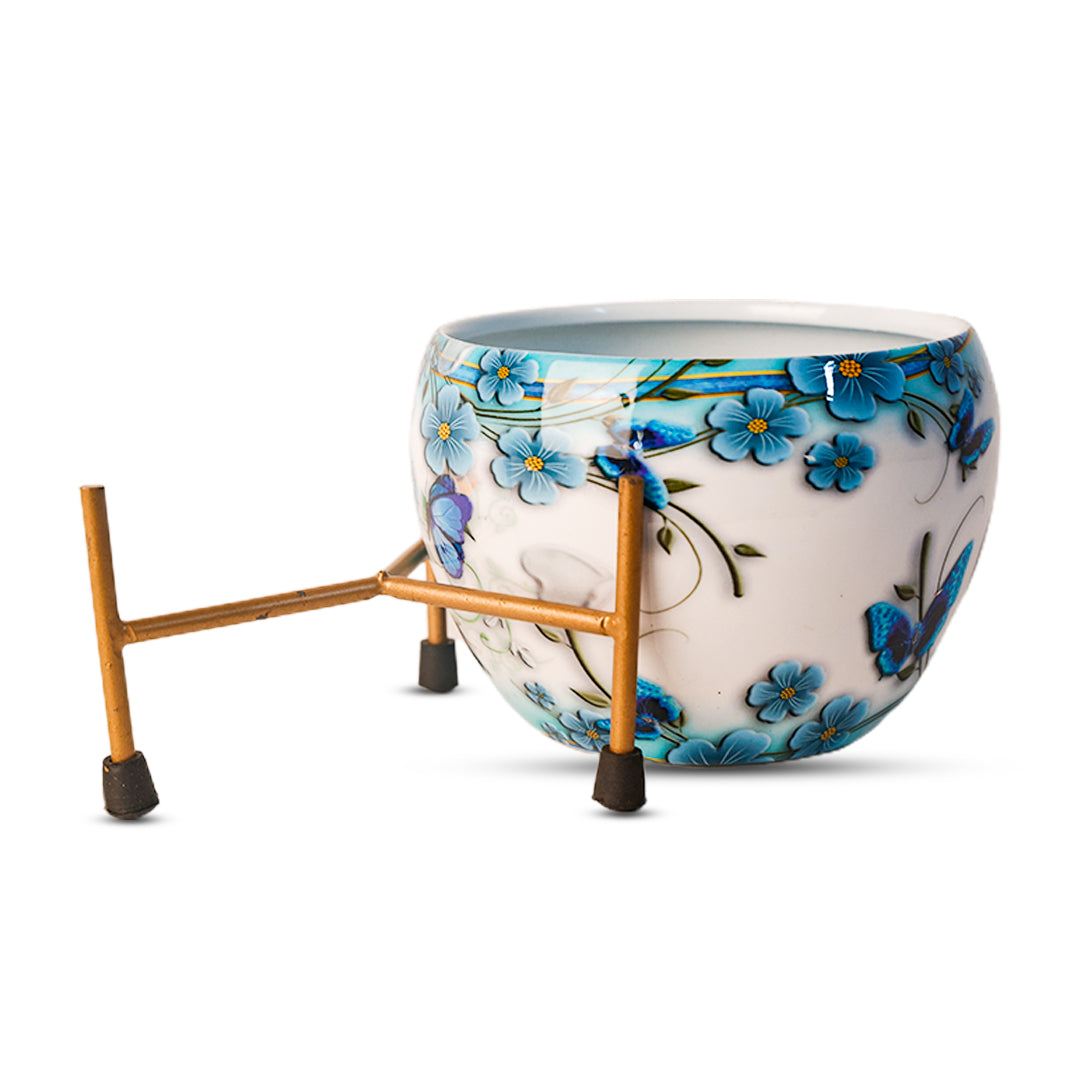 Indoor Metal decor Vase/Planter- White & Blue Set of 2