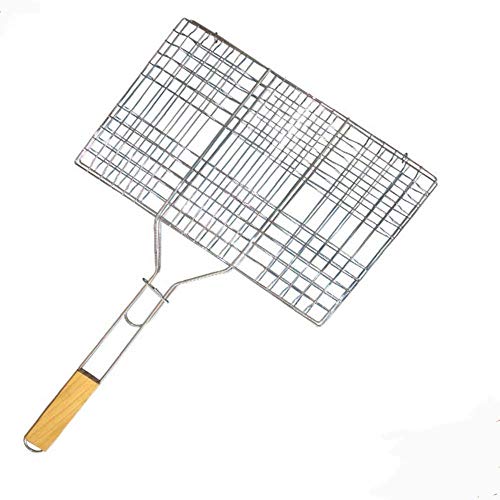 Barbecue BBQ Grill Net Basket Roast Grilling Tray Wooden Handle, Pack of 1