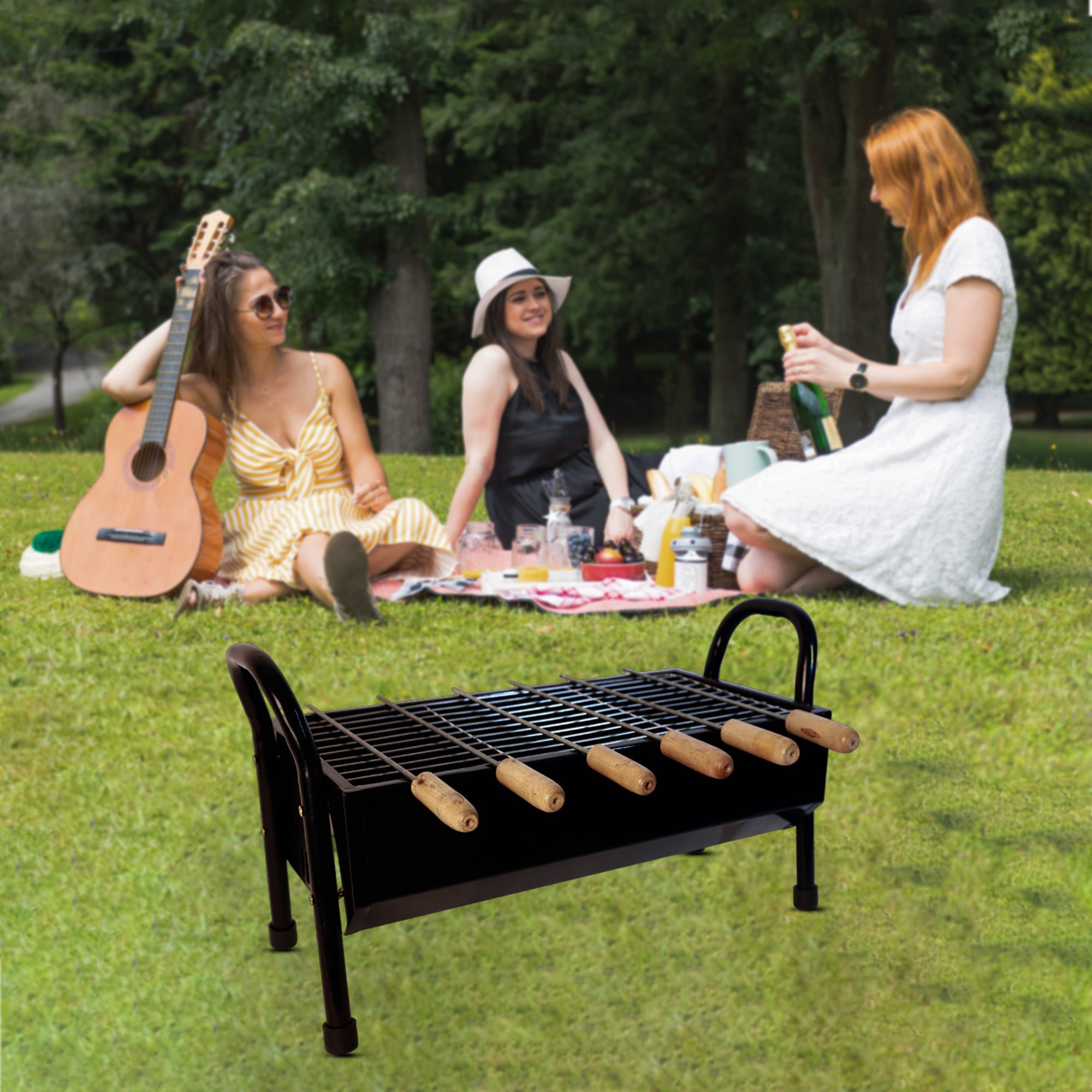 Barbecue Grill, Charcoal Grill Folding Portable Lightweight Barbecue Grill Tools for Outdoor With 5 Skewers, Free Standing