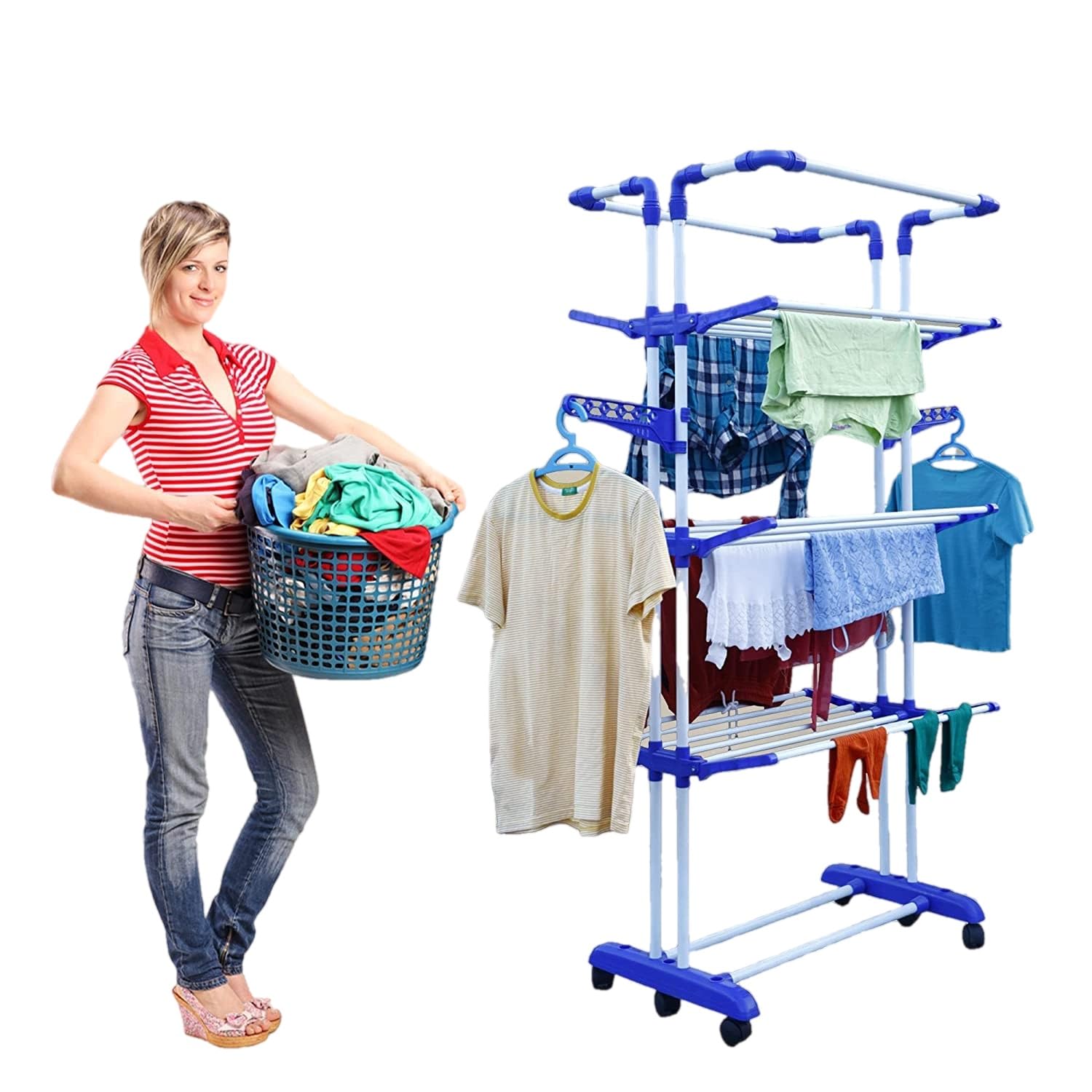 FlexiFold Cloth Drying Stand | 2-Tier Small Foldable Powder Coated Mild Steel I Blue