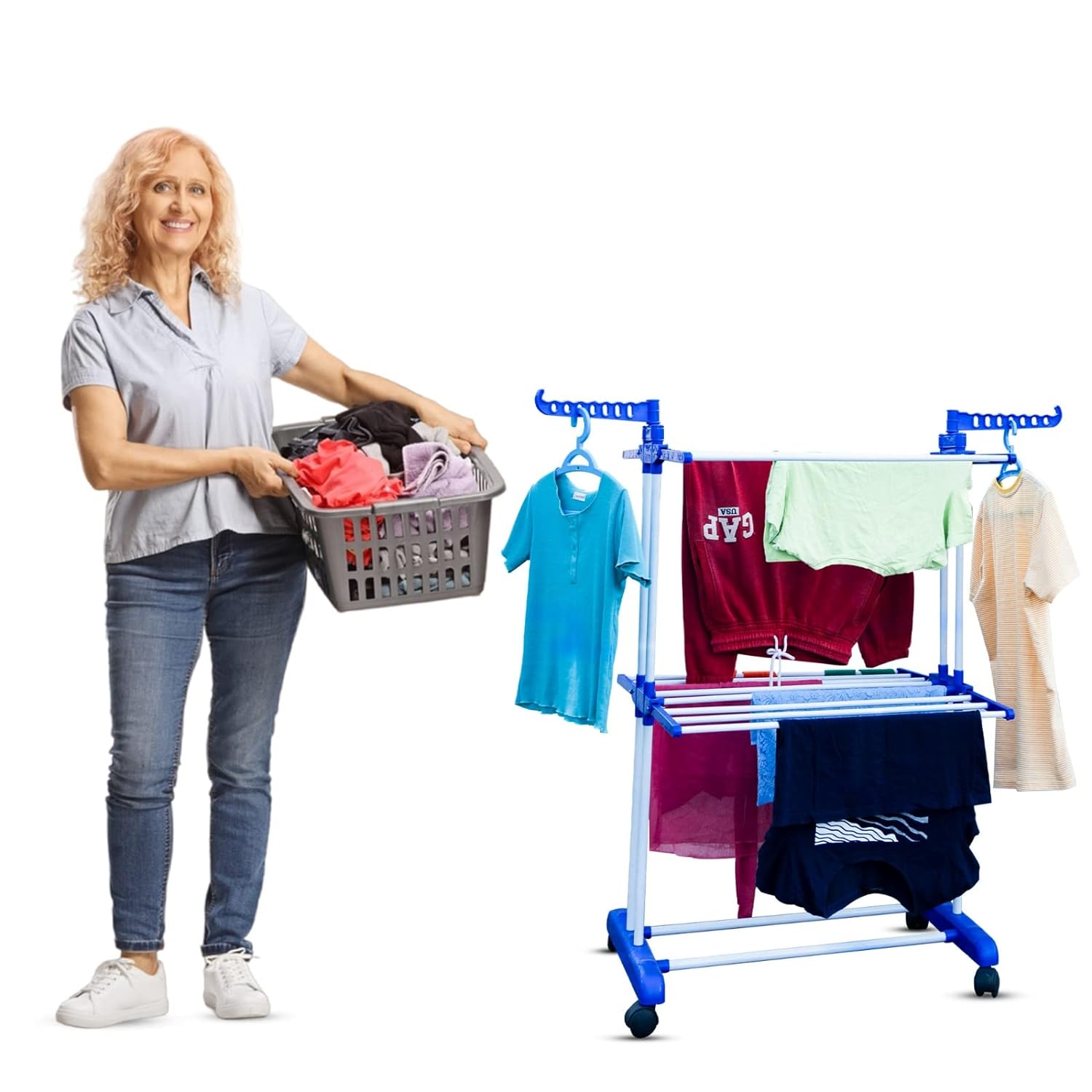 FlexiFold Cloth Drying Stand | 2-Tier Small Foldable Powder Coated Mild Steel I Blue