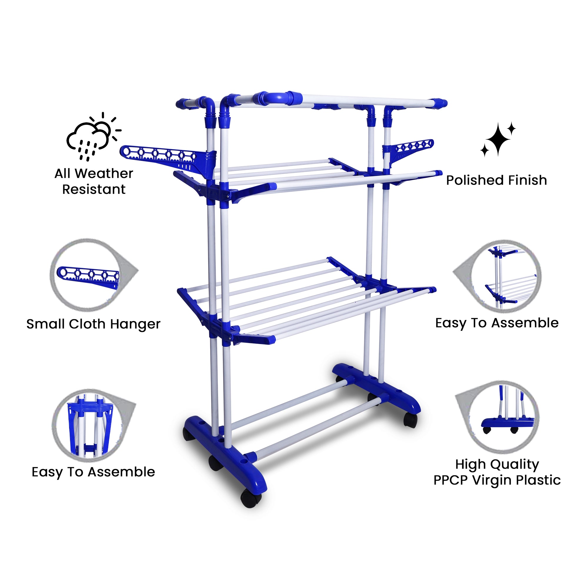 SuperLoad Cloth Drying Stand | 2+1 Tier Big Foldable Powder Coated Mild Steel I Blue