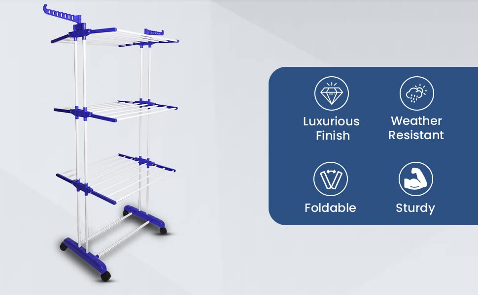 MegaDry Cloth Drying Stand | 3-Tier Small Foldable Powder Coated Mild Steel I Blue