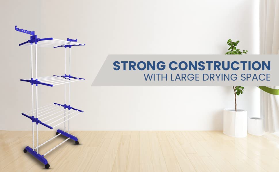 MegaDry Cloth Drying Stand | 3-Tier Small Foldable Powder Coated Mild Steel I Blue