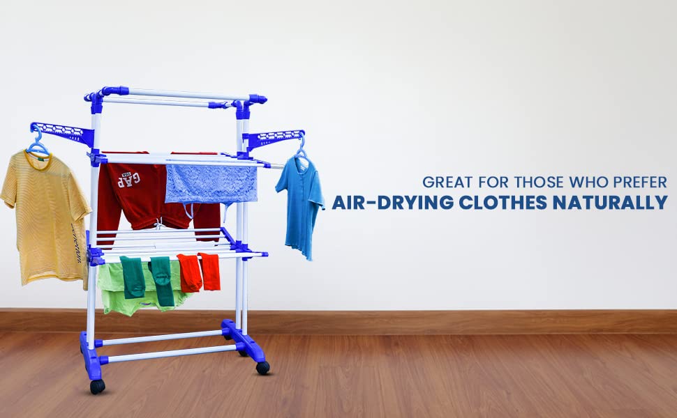 SuperLoad Cloth Drying Stand | 2+1 Tier Big Foldable Powder Coated Mild Steel I Blue