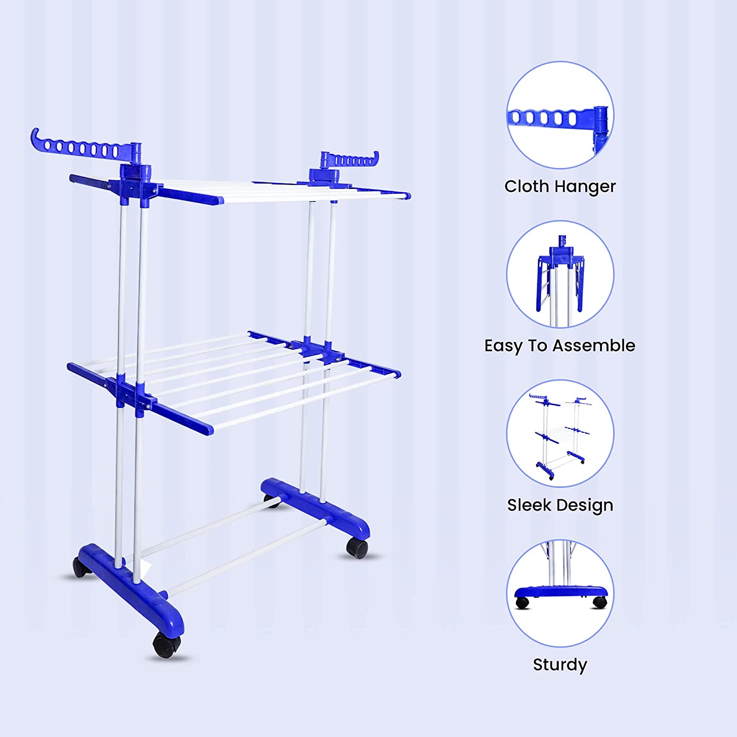 FlexiFold Cloth Drying Stand | 2-Tier Small Foldable Powder Coated Mild Steel I Blue