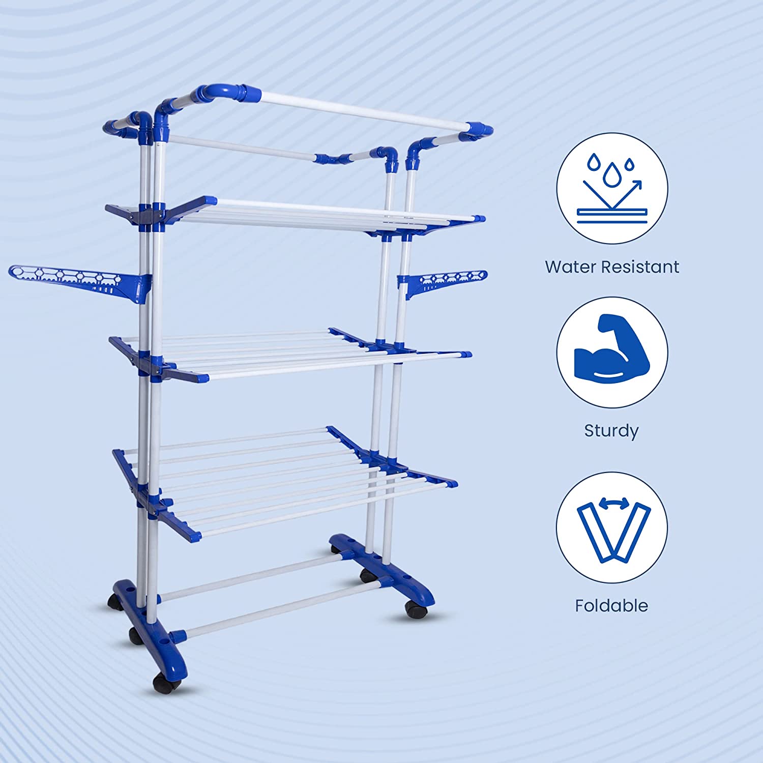 PoleMax Cloth Drying Stand | 3+1 Tier Big Foldable Powder Coated Mild Steel I Blue