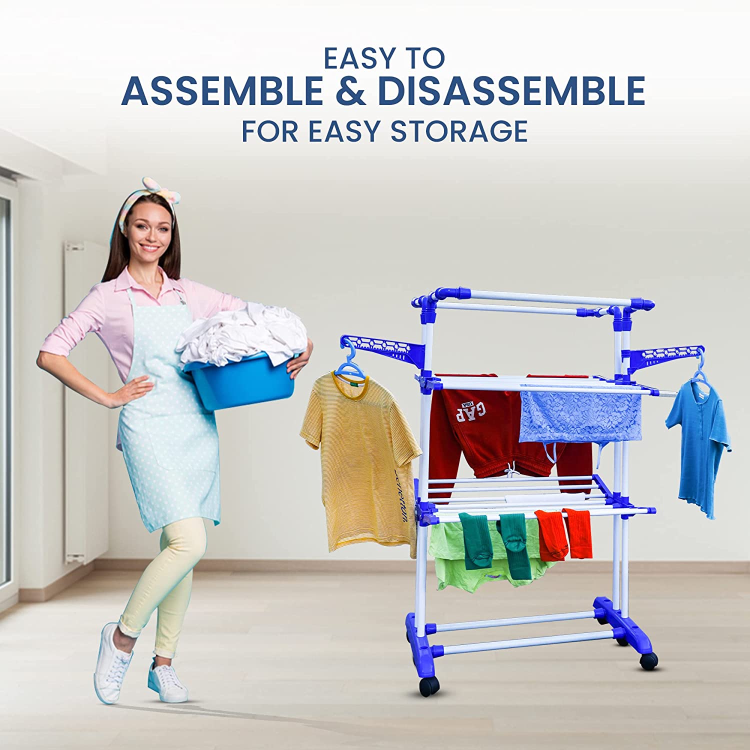 SuperLoad Cloth Drying Stand | 2+1 Tier Big Foldable Powder Coated Mild Steel I Blue