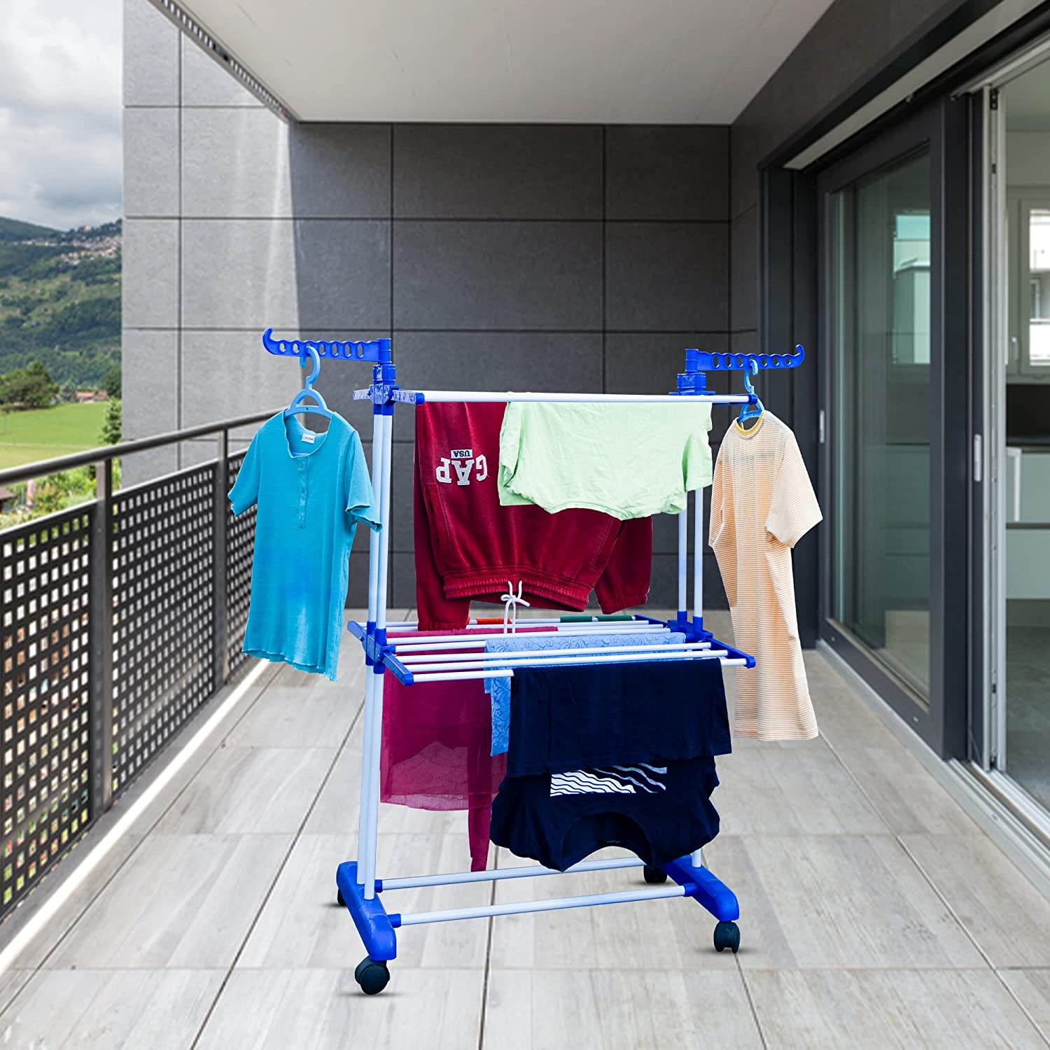 FlexiFold Cloth Drying Stand | 2-Tier Small Foldable Powder Coated Mild Steel I Blue