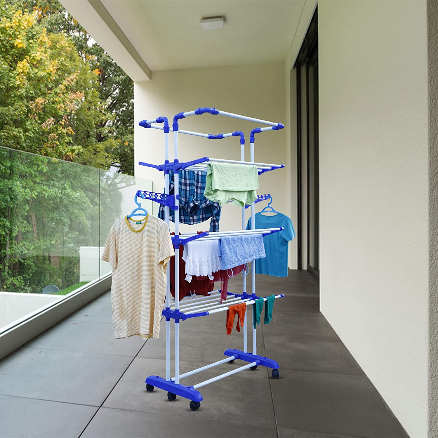 PoleMax Cloth Drying Stand | 3+1 Tier Big Foldable Powder Coated Mild Steel I Blue