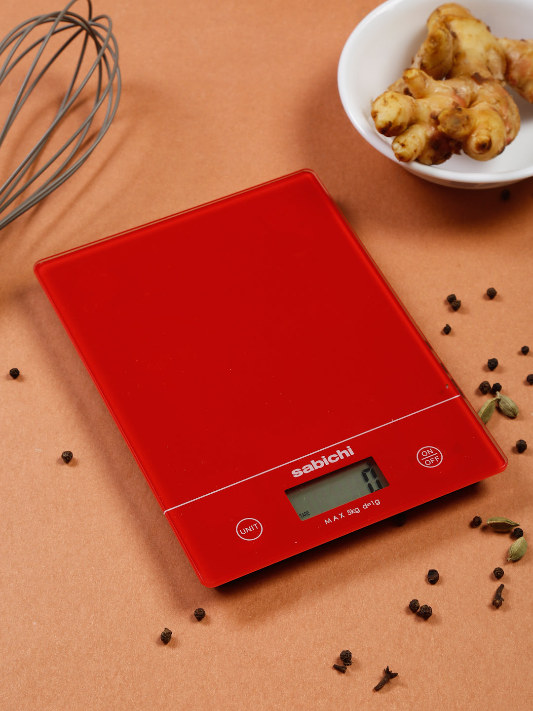 Sabichi Stainless Steel Digital Kitchen Weighing Scale, Multi-purpose Electronic Food Weight machine for Diet, Health and Fitness, 5 kg Capacity, LCD Display for Measuring fruits & Vegetables (Red) - pengessentials