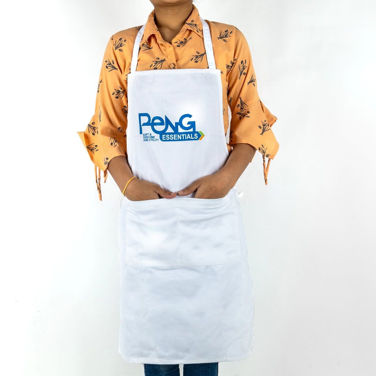 Peng Essentials Kitchen Cooking Two Pockets Apron with Adjustable Neck Strap, Extended Waist Ties, White