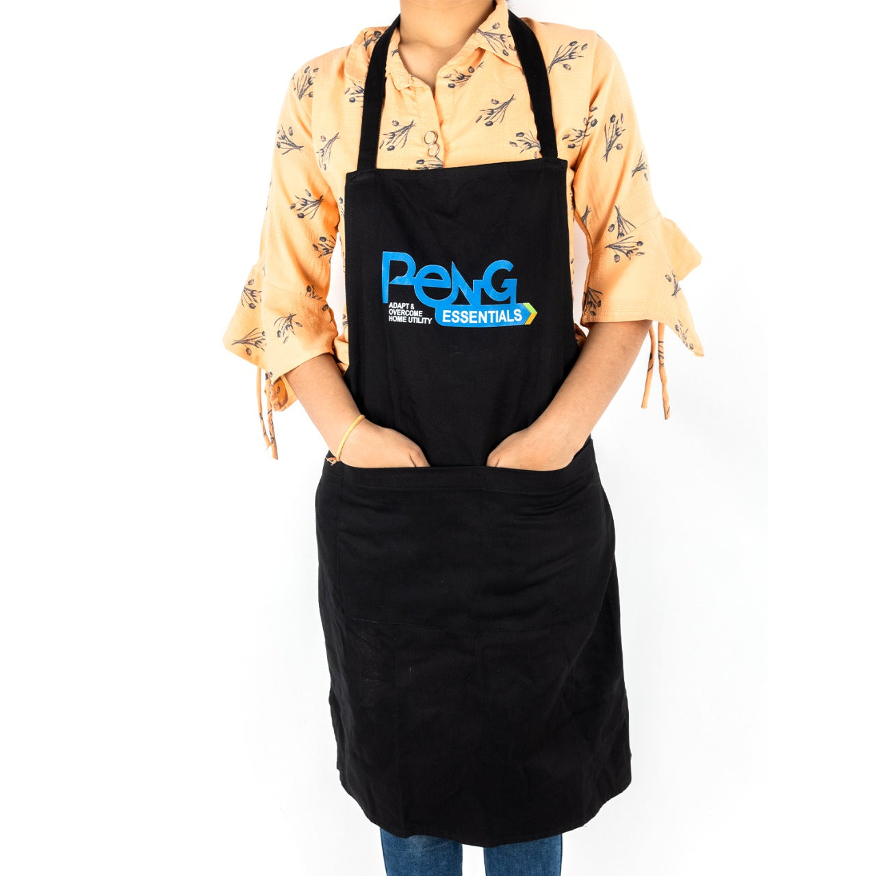 Peng Essentials Kitchen Cooking Two Pockets Apron with Adjustable Neck Strap, Extended Waist Ties, Black