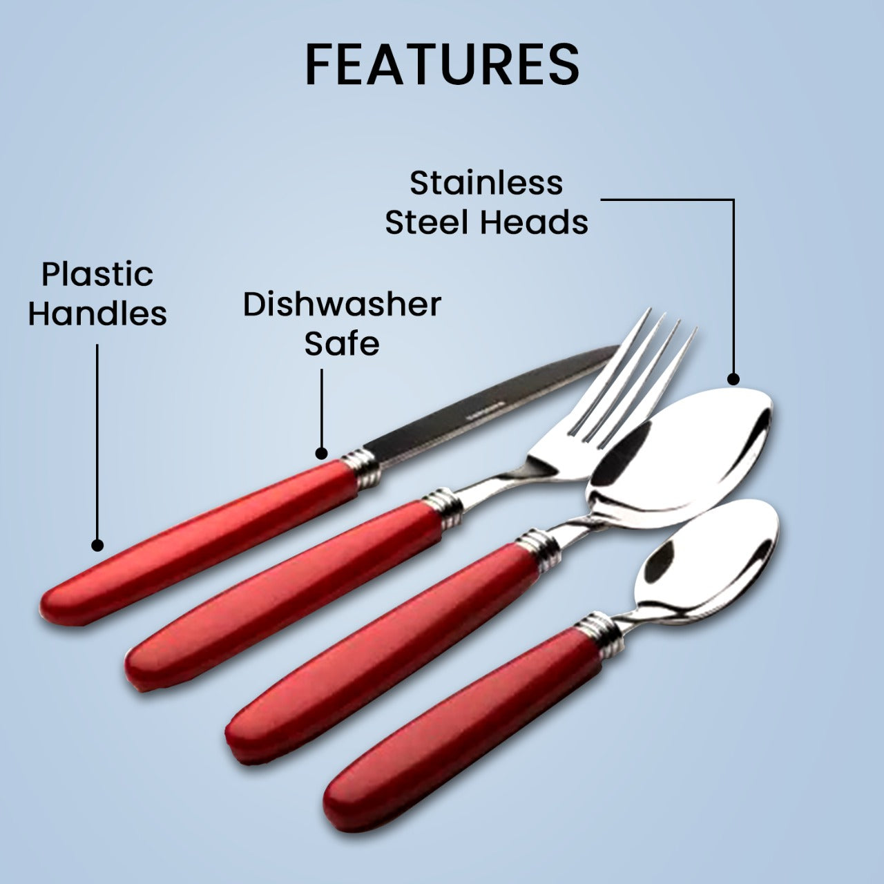 Sabichi Elkie 16-Piece Cutlery Set, Red |Quality Food Grade Stainless Steel | 4 x Table Knives, 4 x Table Forks, 4 x Table Spoons & 4 x Tea Spoons - pengessentials