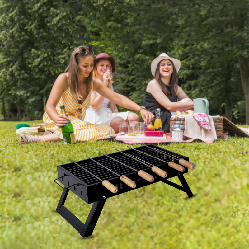 Peng Essentials Charcoal BBQ Grill Cooking Bars Instant Foldable & Easy Portability For Outdoor Barbecues Camping Traveling Picnics Garden Beach Party - Black