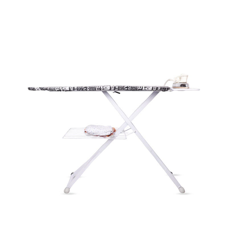 Peng Essentials Tallinn Ironing Board | Metal Ironing Board Maxima Rectangular Pipe | Black Print with Silicone Iron Rest & Silicon Stopper | Fully Height Adjustable | Innovative Design | Space-Saving Solution
