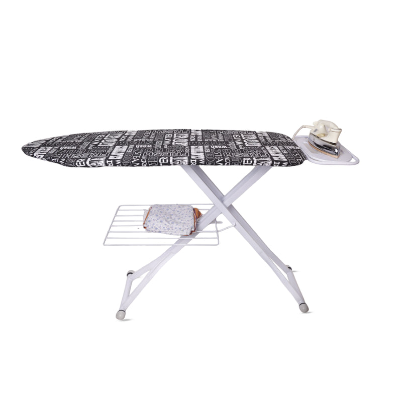 Peng Essentials Tallinn Ironing Board | Metal Ironing Board Maxima Rectangular Pipe | Black Print with Silicone Iron Rest & Silicon Stopper | Fully Height Adjustable | Innovative Design | Space-Saving Solution