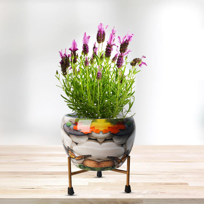 Home Décor Vase with Stand I Flower Pot / Indoor Plant Vase I DeskTOP / BedRoom Corner Table / Home Décor Centepiece / Living Room Décor  ShowPiece I 5'' I Metal WHITE- MARBLE I SET OF 2
