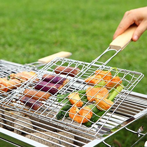 Barbecue BBQ Grill Net Basket Roast Grilling Tray Wooden Handle, Pack of 1