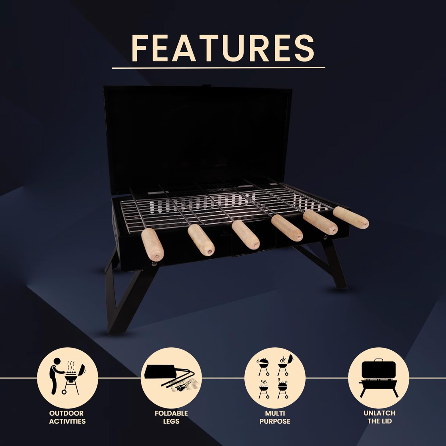 GrillPorter Briefcase Barbeque with Lid and Accessories | Barbeque with 6 skewers, Tong, &Wooden Cleaning Brush