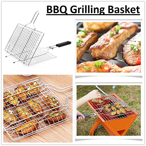 Barbecue BBQ Grill Net Basket Roast Grilling Tray Wooden Handle, Pack of 1