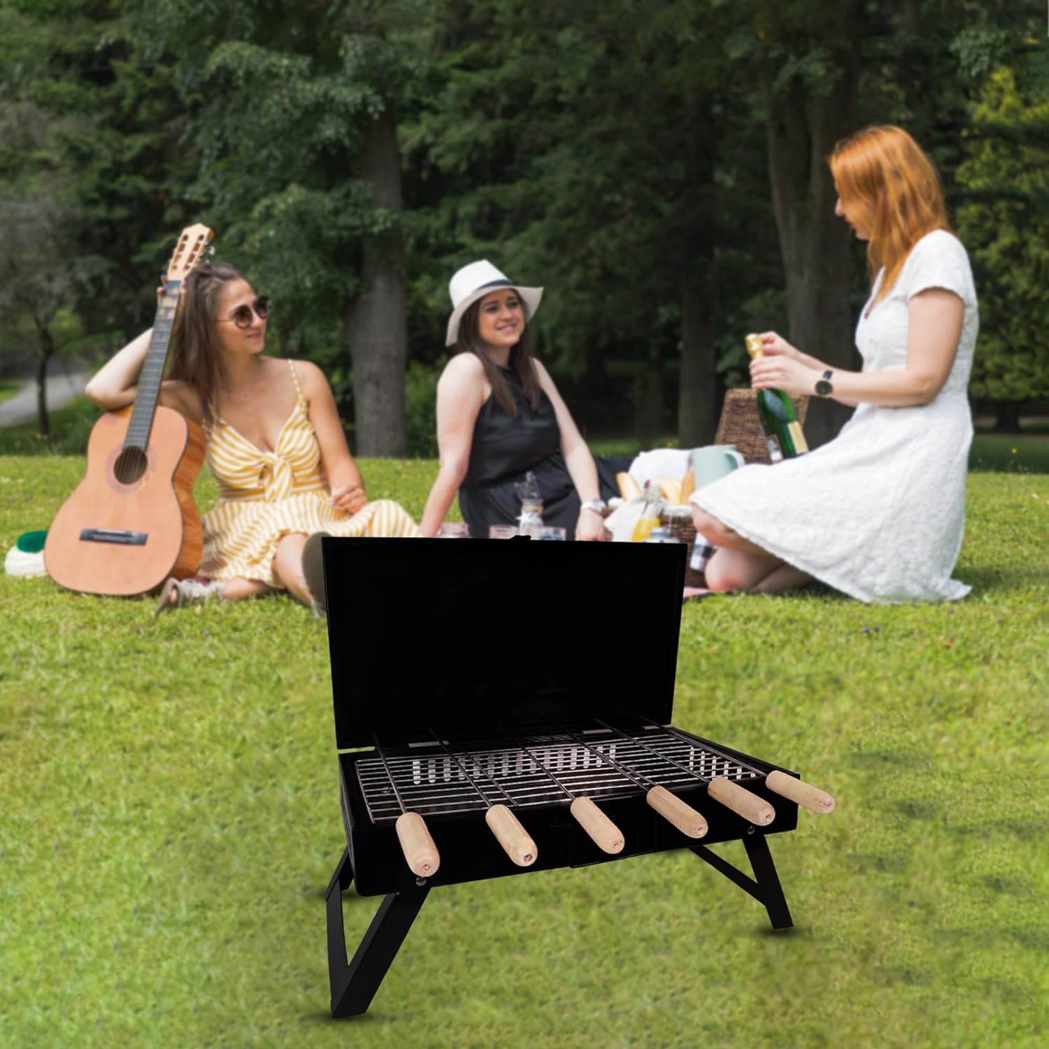 GrillPorter Briefcase Barbeque with Lid grill set | Charcoal Griller BBQ With 6 Skewers & 1 Tong