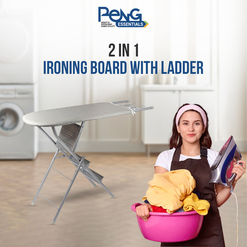 Peng Essentials MultiComfort Ironing Board | Ironing Board with Step Ladder (Silver)