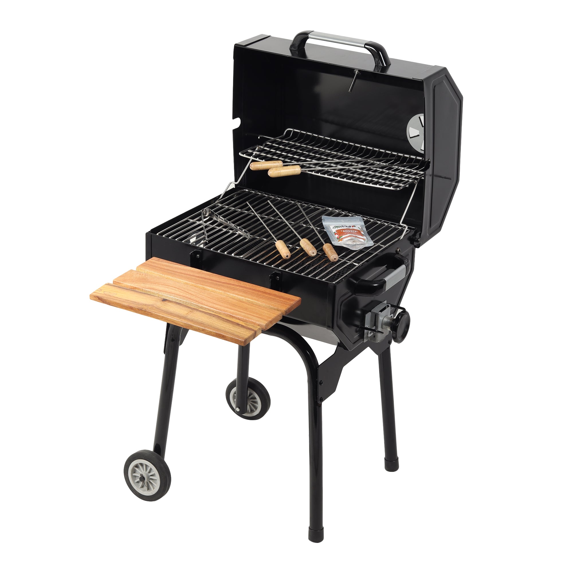 FlameMaster Pro Barbeque Grill set for Home | Large Cooking Area, Easy Assemble, Additional Warming Rack | Charcoal Griller BBQ With 5 Wooden Skewers, 1 Tong