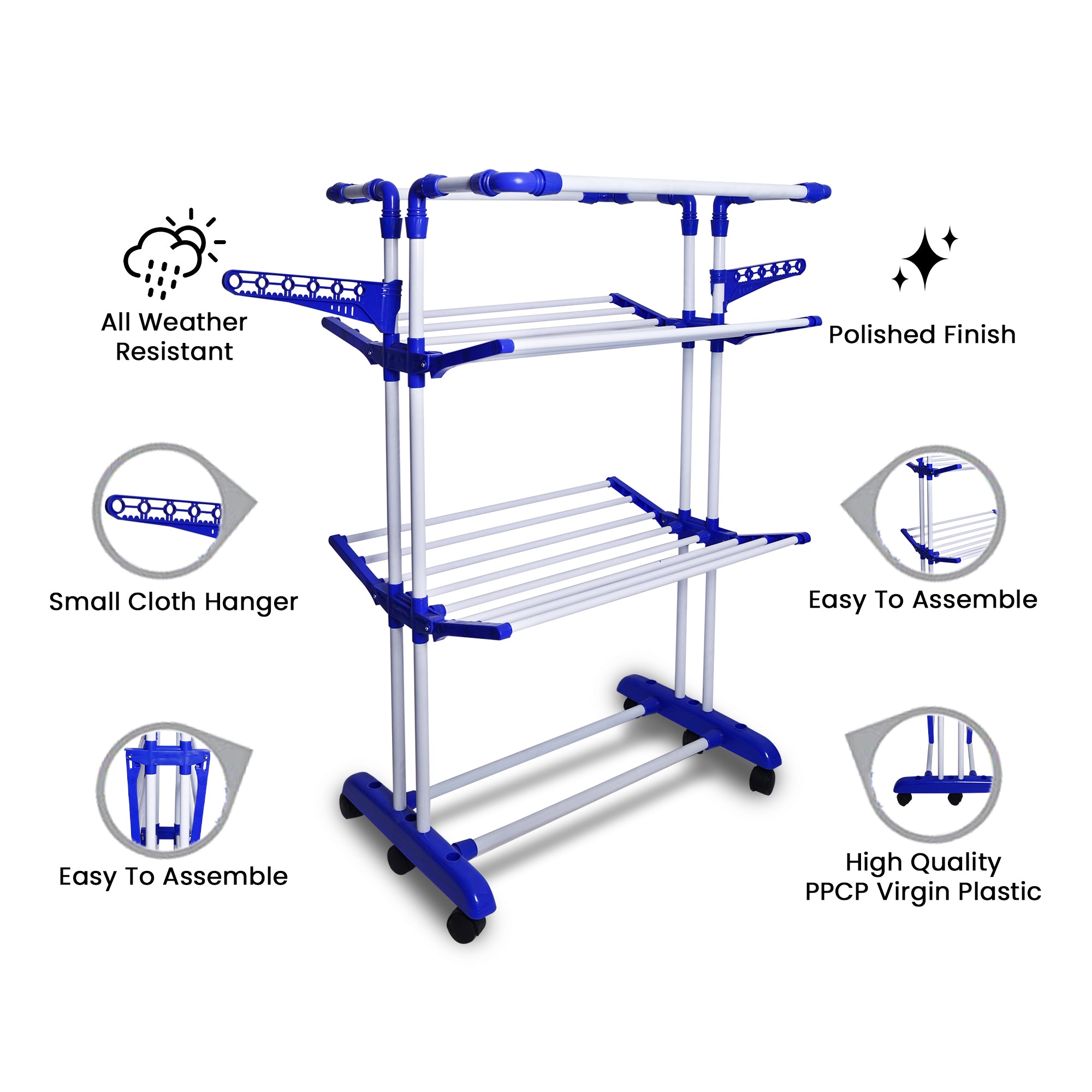 SuperLoad Cloth Drying Stand  | 2+1 Tier Big Foldable Powder Coated Mild Steel I Blue