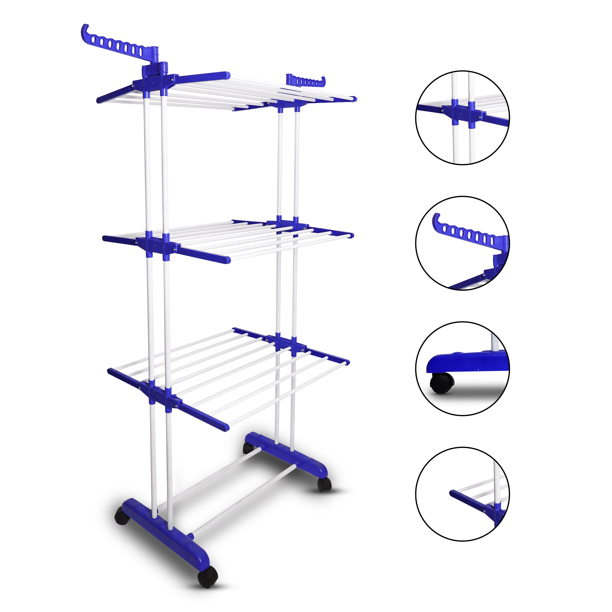 MegaDry Cloth Drying Stand | 3-Tier Small Foldable Powder Coated Mild Steel I Blue