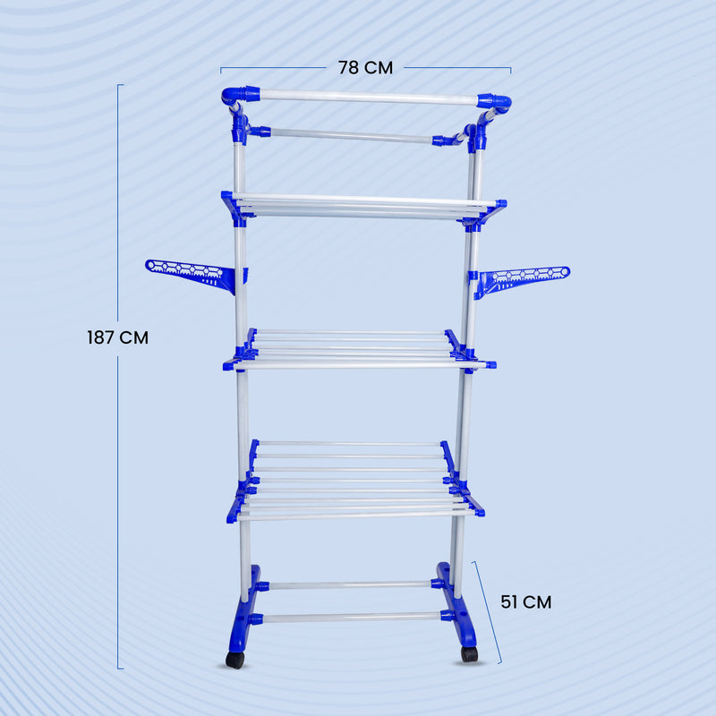 Peng Essentials PoleMax Cloth Drying Stand  | 3+1 Tier Big Foldable Powder Coated Mild Steel Cloth Drying Stand, Blue
