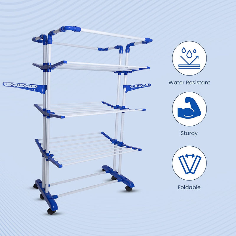 Peng Essentials PoleMax Cloth Drying Stand  | 3+1 Tier Big Foldable Powder Coated Mild Steel Cloth Drying Stand, Blue